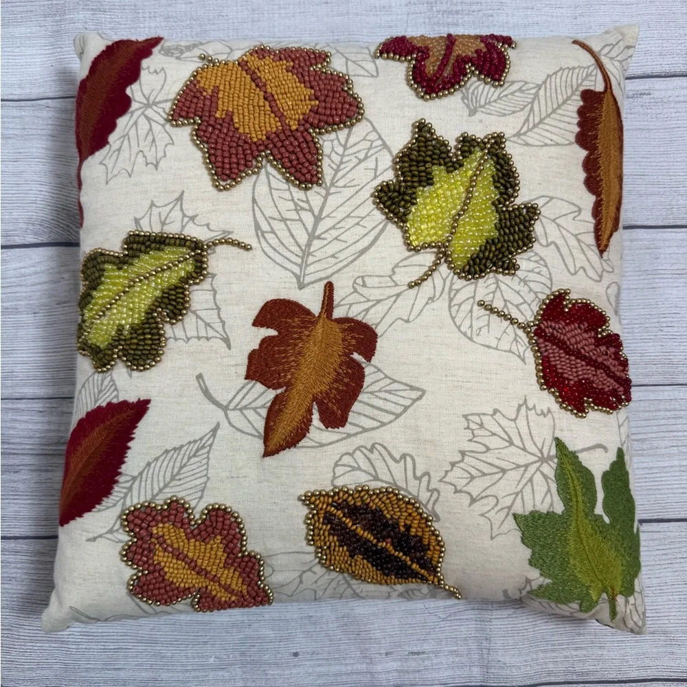Pier 1 Beaded Autumn Leaves Decorative Throw Pillow 16” Fall Harvest